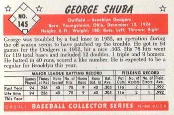 1983 Card Collectors 1953 Bowman Color Reprint #145 George Shuba Back