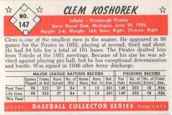1983 Card Collectors 1953 Bowman Color Reprint #147 Clem Koshorek Back