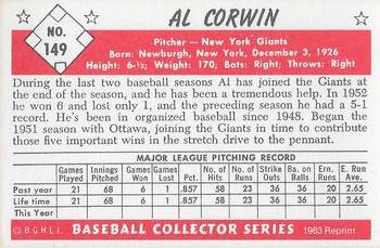 1983 Card Collectors 1953 Bowman Color Reprint #149 Al Corwin Back