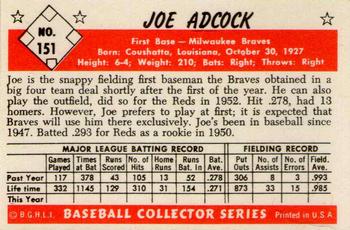 1983 Card Collectors 1953 Bowman Color Reprint #151 Joe Adcock Back