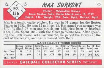 1983 Card Collectors 1953 Bowman Color Reprint #156 Max Surkont Back