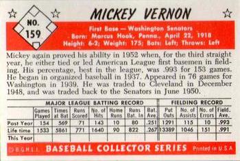 1983 Card Collectors 1953 Bowman Color Reprint #159 Mickey Vernon Back