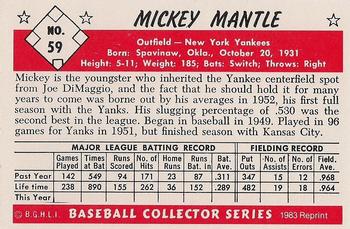 1983 Card Collectors 1953 Bowman Color Reprint #59 Mickey Mantle Back