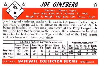 1983 Card Collectors 1953 Bowman Color Reprint #6 Joe Ginsberg Back