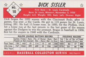 1983 Card Collectors 1953 Bowman Black & White Reprint #10 Dick Sisler Back