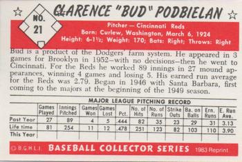 1983 Card Collectors 1953 Bowman Black & White Reprint #21 Bud Podbielan Back