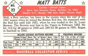 1983 Card Collectors 1953 Bowman Black & White Reprint #22 Matt Batts Back