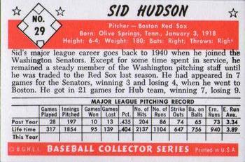 1983 Card Collectors 1953 Bowman Black & White Reprint #29 Sid Hudson Back