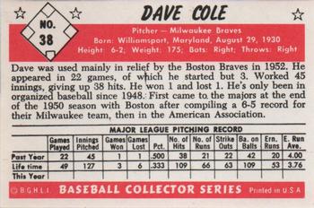 1983 Card Collectors 1953 Bowman Black & White Reprint #38 Dave Cole Back