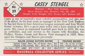 1983 Card Collectors 1953 Bowman Black & White Reprint #39 Casey Stengel Back