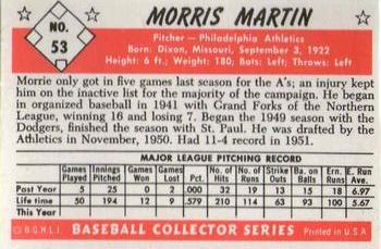 1983 Card Collectors 1953 Bowman Black & White Reprint #53 Morrie Martin Back