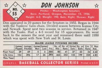 1983 Card Collectors 1953 Bowman Black & White Reprint #55 Don Johnson Back