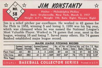 1983 Card Collectors 1953 Bowman Black & White Reprint #58 Jim Konstanty Back