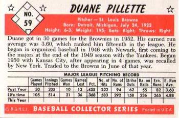 1983 Card Collectors 1953 Bowman Black & White Reprint #59 Duane Pillette Back