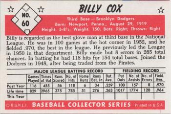 1983 Card Collectors 1953 Bowman Black & White Reprint #60 Billy Cox Back