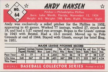 1983 Card Collectors 1953 Bowman Black & White Reprint #64 Andy Hansen Back