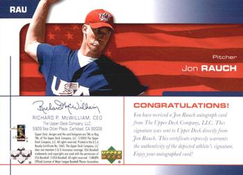 2004 Upper Deck USA 25th Anniversary - Signatures Black Ink #RAU Jon Rauch Back