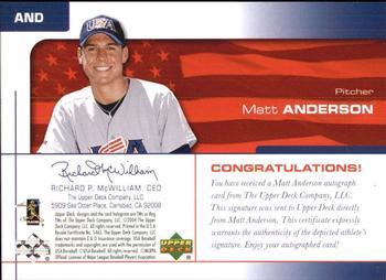 2004 Upper Deck USA 25th Anniversary - Signatures Green Ink #AND Matt Anderson Back