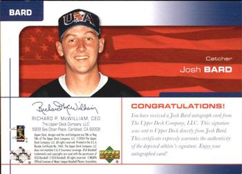 2004 Upper Deck USA 25th Anniversary - Signatures Green Ink #BARD Josh Bard Back