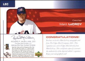 2004 Upper Deck USA 25th Anniversary - Signatures Green Ink #LEC Matt LeCroy Back