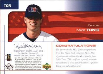 2004 Upper Deck USA 25th Anniversary - Signatures Green Ink #TON Mike Tonis Back