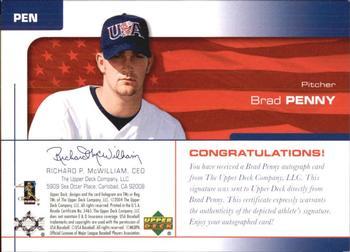 2004 Upper Deck USA 25th Anniversary - Signatures Red Ink #PEN Brad Penny Back