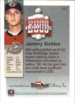 2000 Team Best Rookies #192 Jeremy Sickles Back