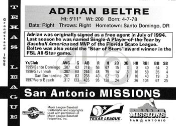 1998 Grandstand Texas League Top Prospects #NNO Adrian Beltre Back