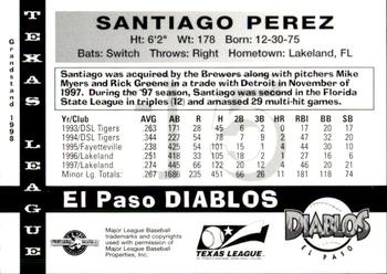 1998 Grandstand Texas League Top Prospects #NNO Santiago Perez Back