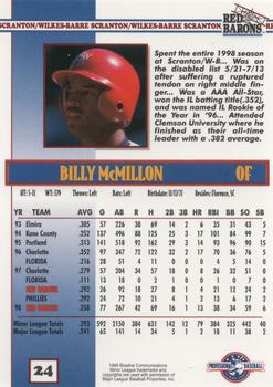 1999 Blueline Scranton/Wilkes-Barre Red Barons #24 Billy McMillon Back