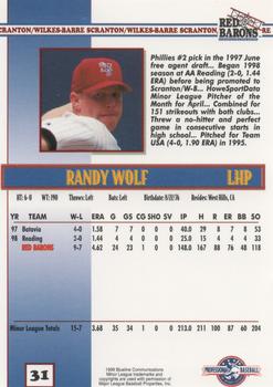 1999 Blueline Scranton/Wilkes-Barre Red Barons #31 Randy Wolf Back