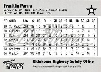 1995 Tulsa Drillers #18 Franklin Parra Back