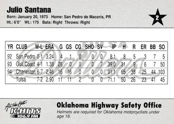 1995 Tulsa Drillers #2 Julio Santana Back