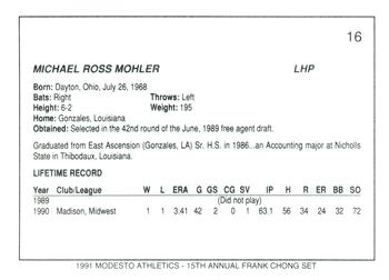 1991 Chong Modesto A's #16 Mike Mohler Back
