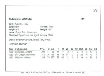 1991 Chong Modesto A's #29 Marcos Armas Back