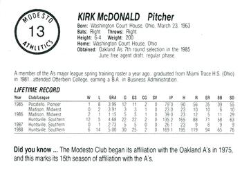 1989 Chong Modesto A's #13 Kirk McDonald Back