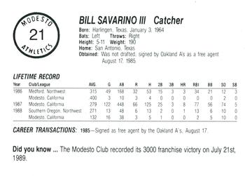 1989 Chong Modesto A's #21 Bill Savarino Back