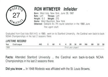 1989 Chong Modesto A's #27 Ron Witmeyer Back