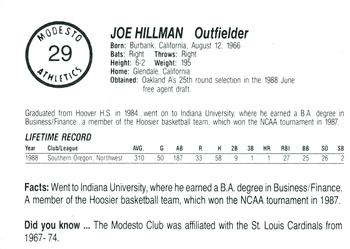 1989 Chong Modesto A's #29 Joe Hillman Back