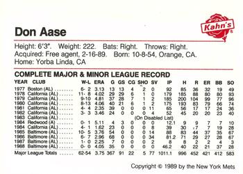 1989 Kahn's New York Mets #NNO Don Aase Back
