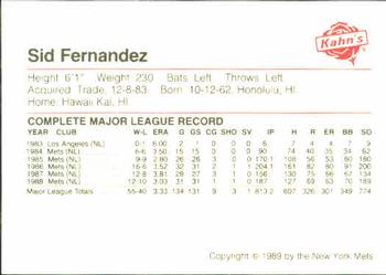 1989 Kahn's New York Mets #NNO Sid Fernandez Back