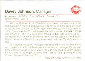 1989 Kahn's New York Mets #NNO Davey Johnson Back