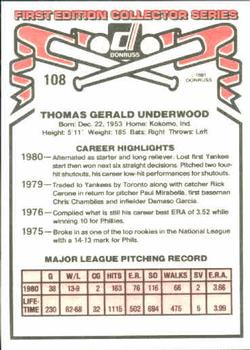 1981 Donruss #108 Tom Underwood Back