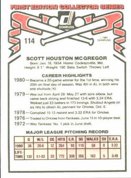 1981 Donruss #114 Scott McGregor Back
