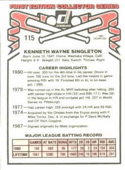 1981 Donruss #115 Ken Singleton Back
