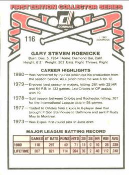 1981 Donruss #116 Gary Roenicke Back