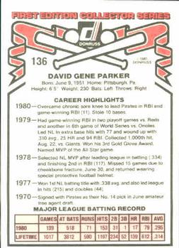 1981 Donruss #136 Dave Parker Back