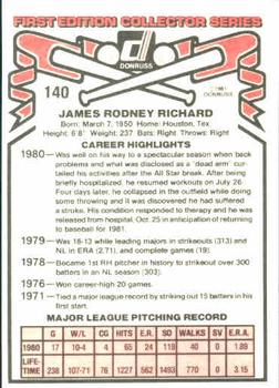 1981 Donruss #140 J.R. Richard Back