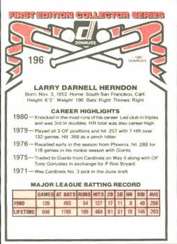 1981 Donruss #196 Larry Herndon Back