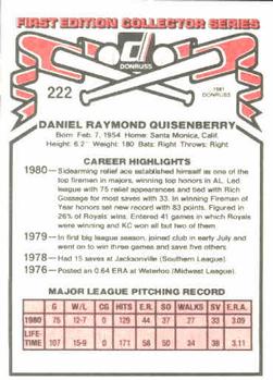 1981 Donruss #222 Dan Quisenberry Back